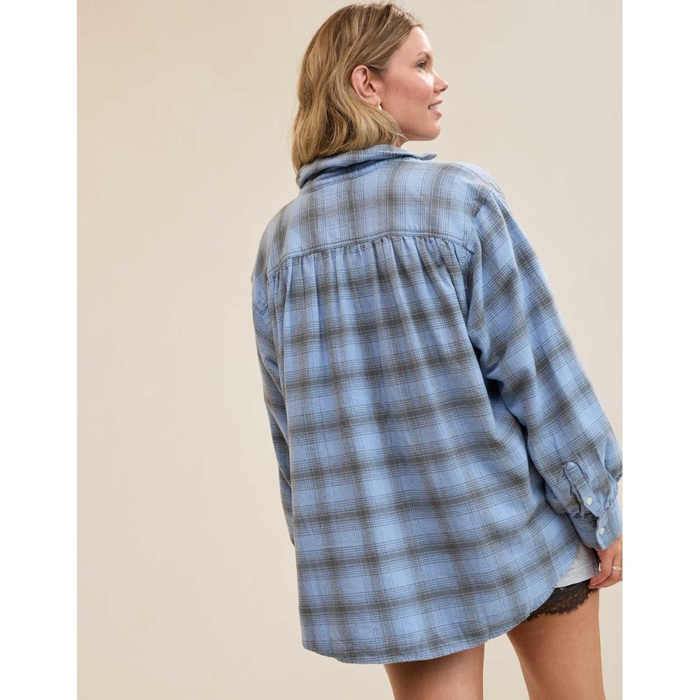 Aerie Anytime Fave Flannel Blue Grey Plaid Oversized Button Down Shirt Large